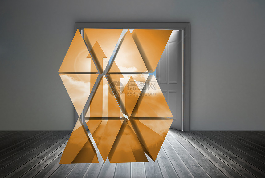 抽象屏幕上橙箭头的复合图像门框阳光灰色自由未来派房间天空蓝色展示概念性图片