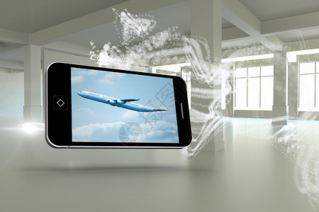 智能手机屏幕上的飞机复合图像图象航空数字未来派航班绘图飞行计算机活力旅游窗户背景图片