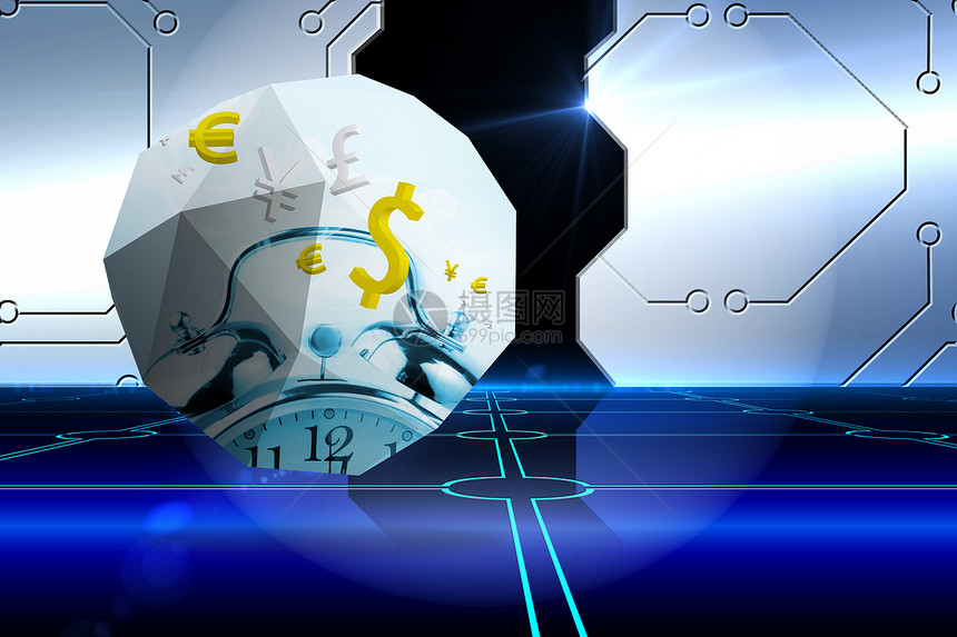 时间的复合图像是抽象屏幕上的货币图形财富计算机计算金融经济开幕式绘图未来派银行业蓝色图片