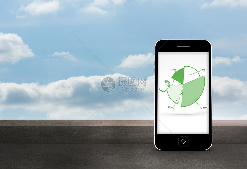 智能手机屏幕上馅饼图表的复合图像设备多云媒体绘图阳光阳台晴天天空蓝天数据图片