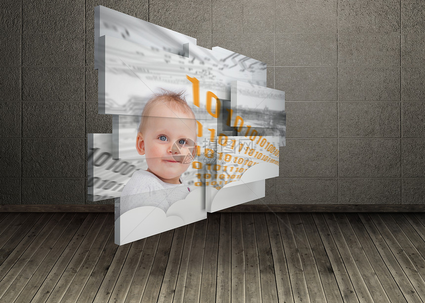 抽象屏幕上天才婴儿的复合图象女性智力展示婴儿期数字未来派计算机灰色房间女孩图片