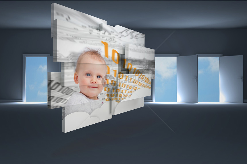 抽象屏幕上天才婴儿的复合图象天空多云婴儿期智力女孩数字女性展示绘图未来派图片