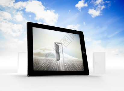 平板屏幕打开门的复合图像计算机媒体多云开幕式数字绘图电脑天空设备背景图片