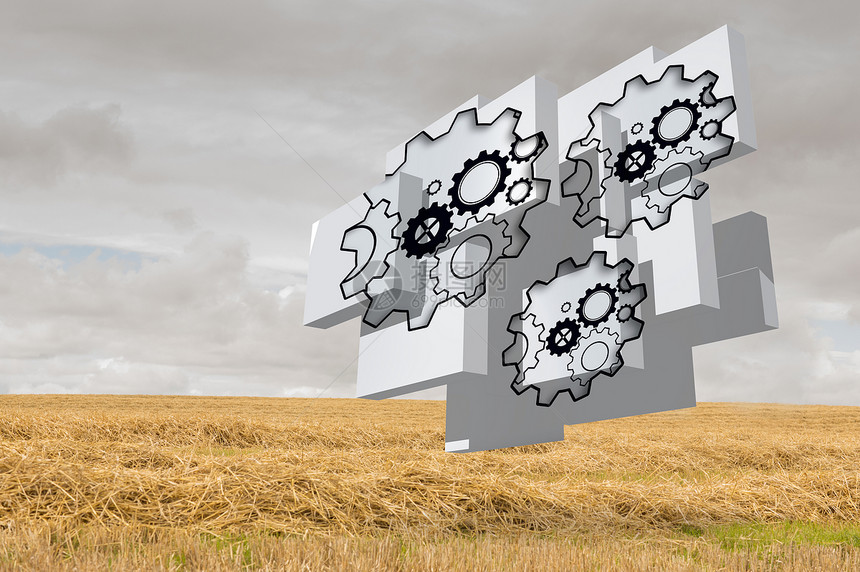 抽象屏幕上的齿轮和轮轮的复合图像天空未来派展示草原农场农村稻草草地绘图绿色图片