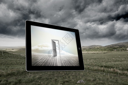 平板屏幕打开门的复合图像多云灰色媒体计算机场地开幕式绘图草地设备天空背景图片