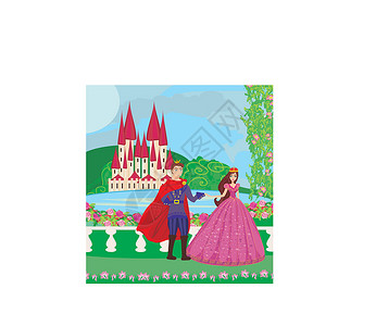 公主湖公主和王子 在美丽的花园里会议横幅女士男生女孩花朵圆圈植物花瓣绘画设计图片