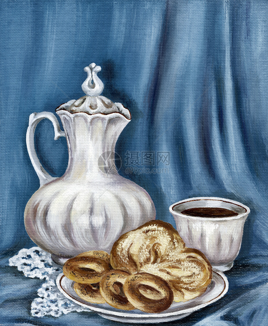 油漆 罐头 面包和咖啡杯图片