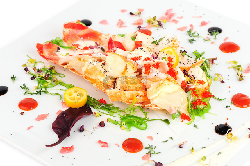 意大利风格的龙虾沙拉海草烹饪煮沸用餐烟草甲壳贝类食物海鲜海藻图片