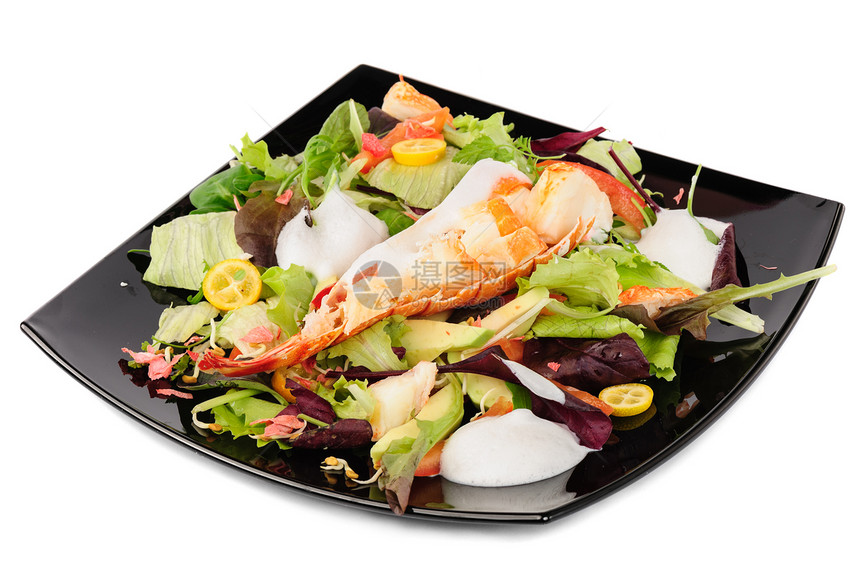 意大利风格的龙虾沙拉午餐动物白色健康海鲜美食贝类甲壳用餐盘子图片