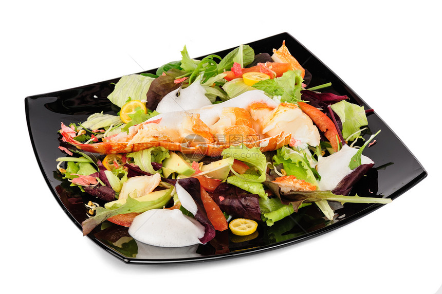 意大利风格的龙虾沙拉美食甲壳用餐健康白色贝类海鲜盘子动物食物图片