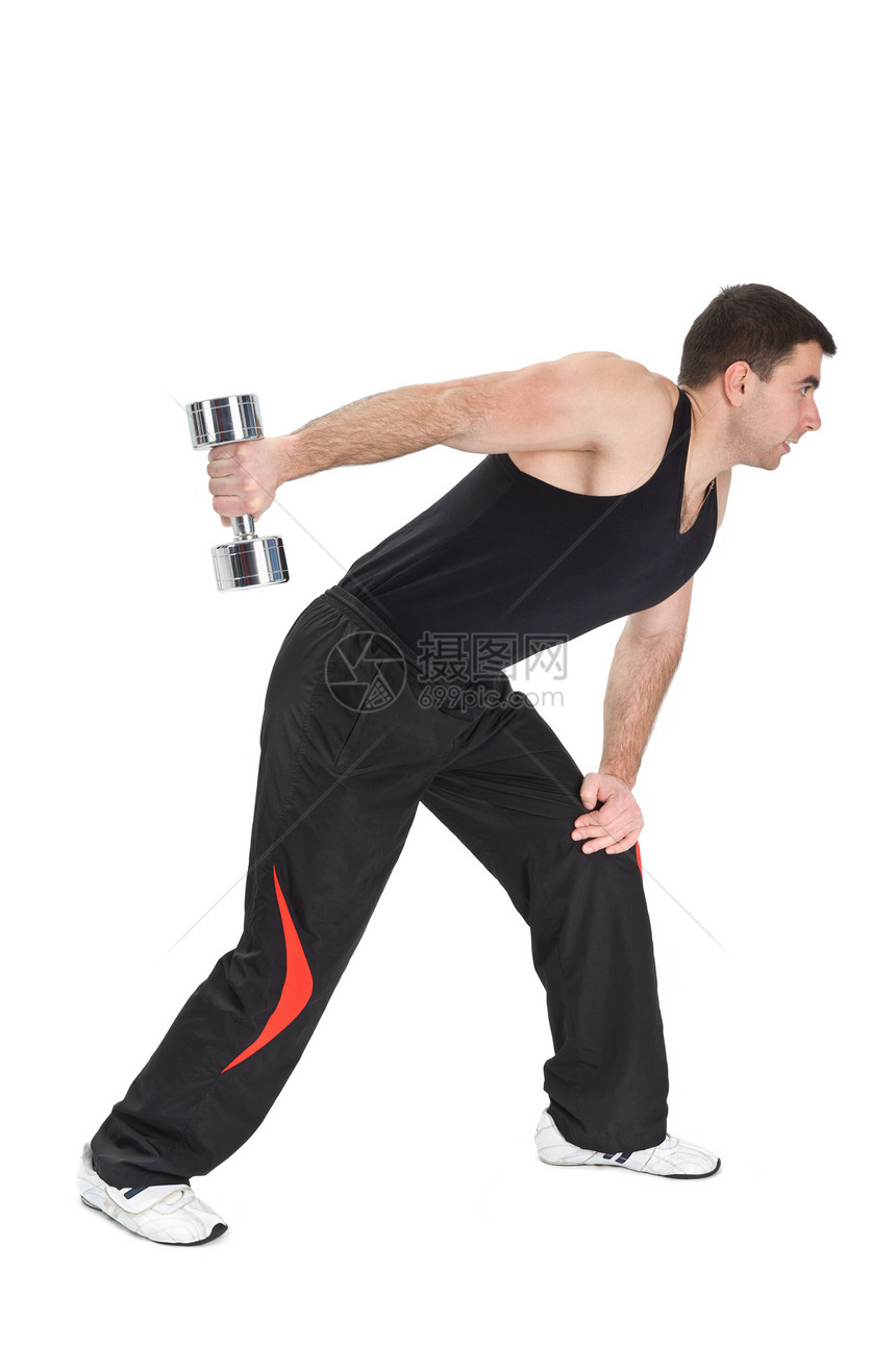 上竖立的Dumbbell 一臂三角形哑铃微笑举重训练运动员肌肉锻炼建设者体育锻炼男人图片