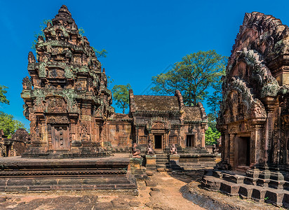 粉红寺庙佛教徒地标宗教考古地方旅行粉色高棉语目的地废墟背景