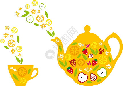 水果茶壶茶壶和水果杯设计图片