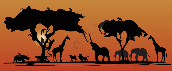 犀牛5素材非洲天线狮子动物荒野草原皮肤环境犀牛树木动物群日出插画
