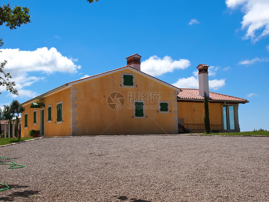 黄色房屋地标城市文化建筑学棕榈正方形房子蓝色古董天空图片