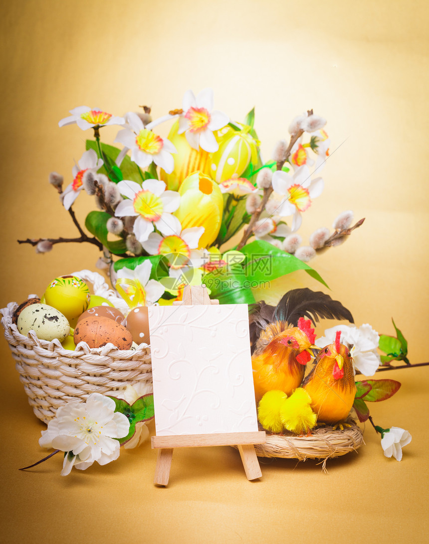 复活节问候庆典母鸡枝条丝带篮子羽毛木头装饰传统卡片图片