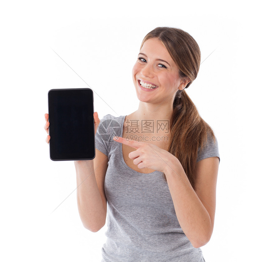 微笑的女士显示平板电脑 pc药片软垫商业金发女郎女孩空白工作室展示女性广告图片