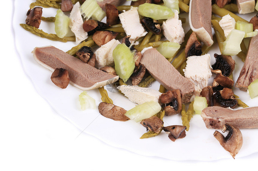 带蘑菇的肉沙拉生产奶牛烹饪芹菜白色小吃草本植物绿色维生素蔬菜图片
