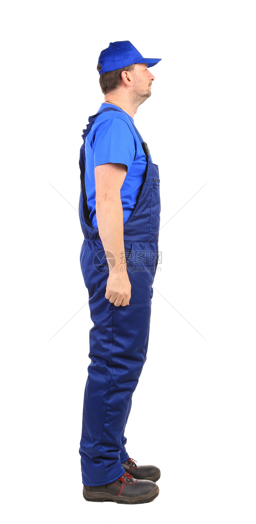 穿蓝制服的工人 侧面风景管道机械职业工作工业蓝色劳动男人腰部白色图片