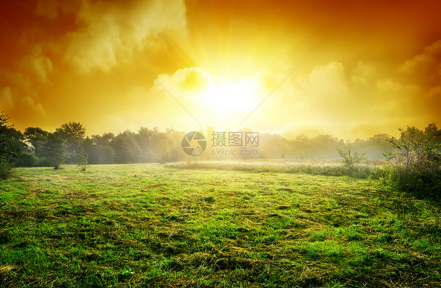 日落时草地背景色彩场地生长天空云景花园太阳风景蓝色图片