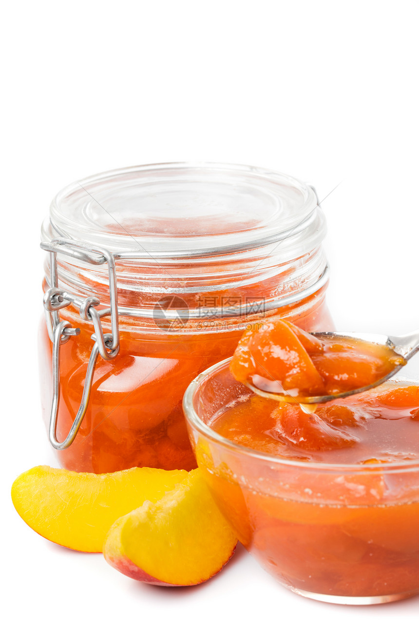 美味的桃果酱玻璃勺子标签甜点用具餐巾食品宏观果味水果图片
