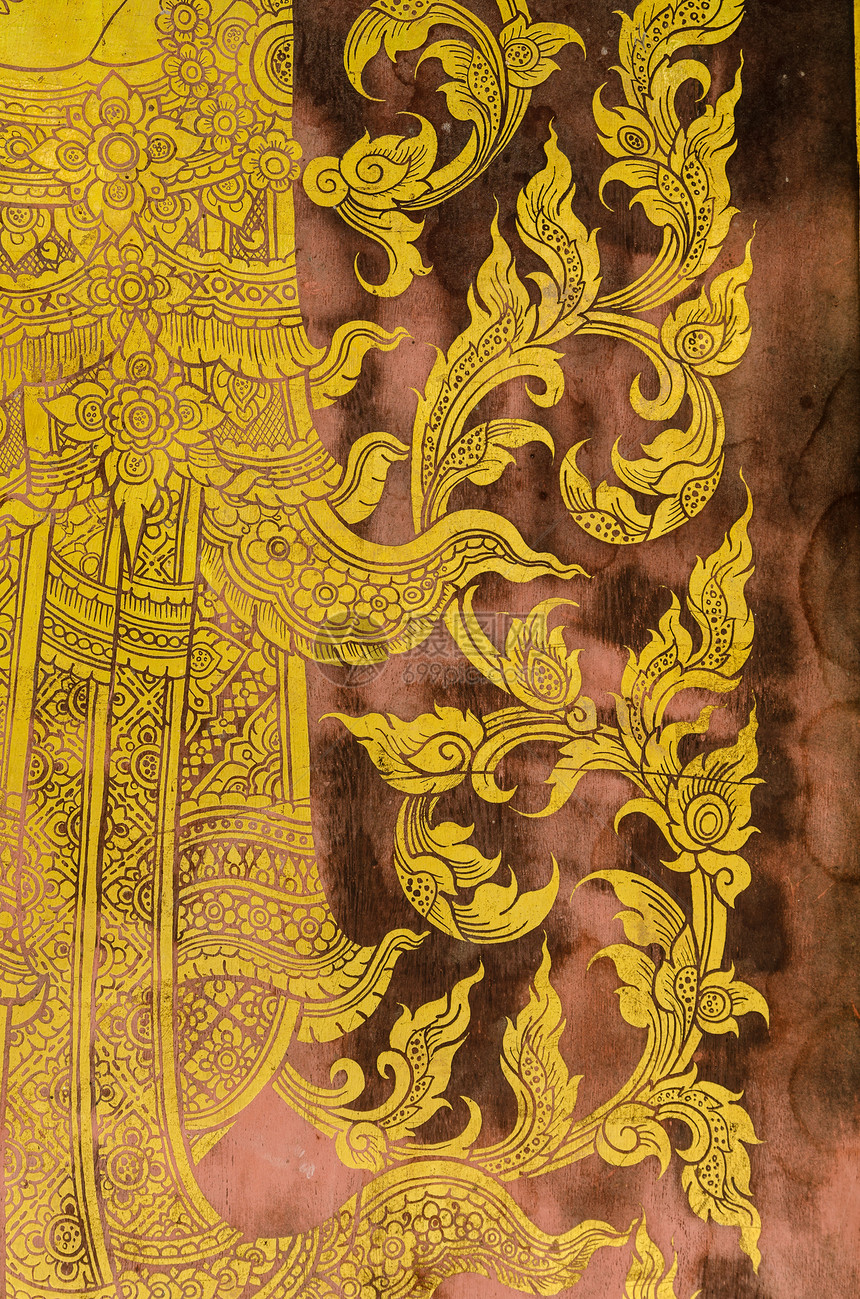 泰式壁画的绘画宗教艺术黄色墙纸金子风格古董装饰寺庙文化图片