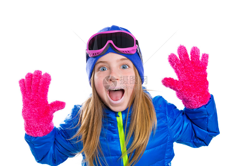金发小金发女孩冬雪画像 双手张开运动假期乐趣孩子们童年眼睛女性滑雪手套风镜图片