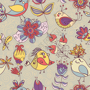 鲜花和鸟类无缝纹理叶子动物纺织品装饰品墙纸植物织物艺术花园插图背景图片