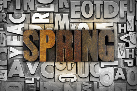 春季春天字母木头季节花朵打印机凸版墨水背景图片