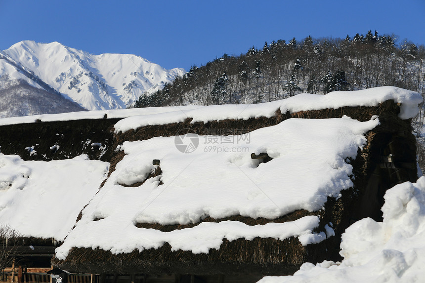 白川去村小屋世界遗产住宅松树合掌瀑布地标茅草历史农场房子图片