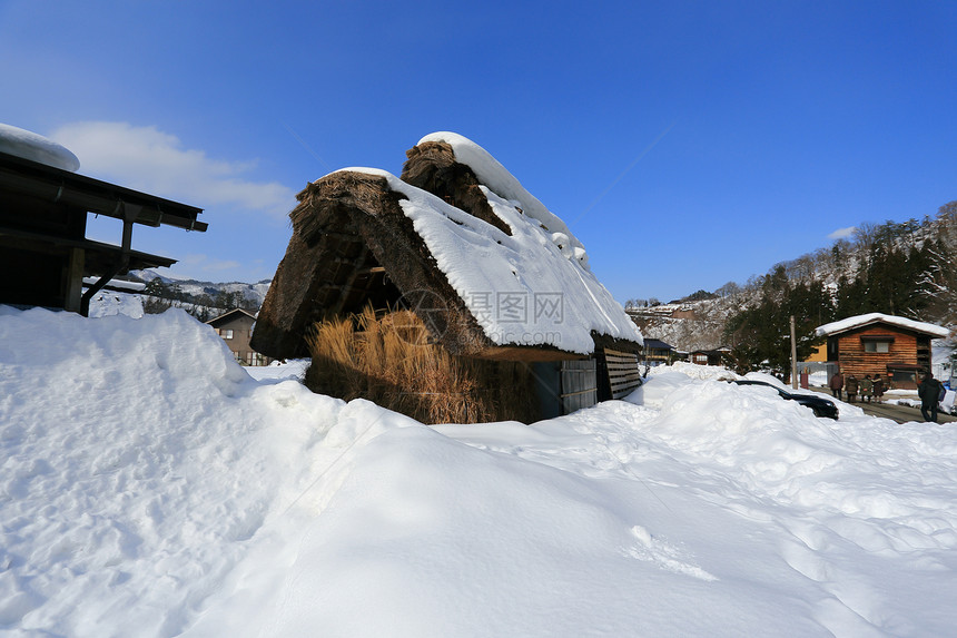 白川去村小屋住宅茅草瀑布房子遗产合掌世界遗产建筑松树建筑学图片