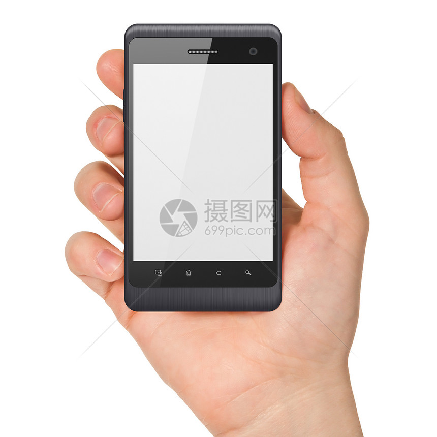 手拿着白色背景上的智能手机 通用移动智能手机黑色电脑电话插图通讯器细胞展示手指短信男人图片