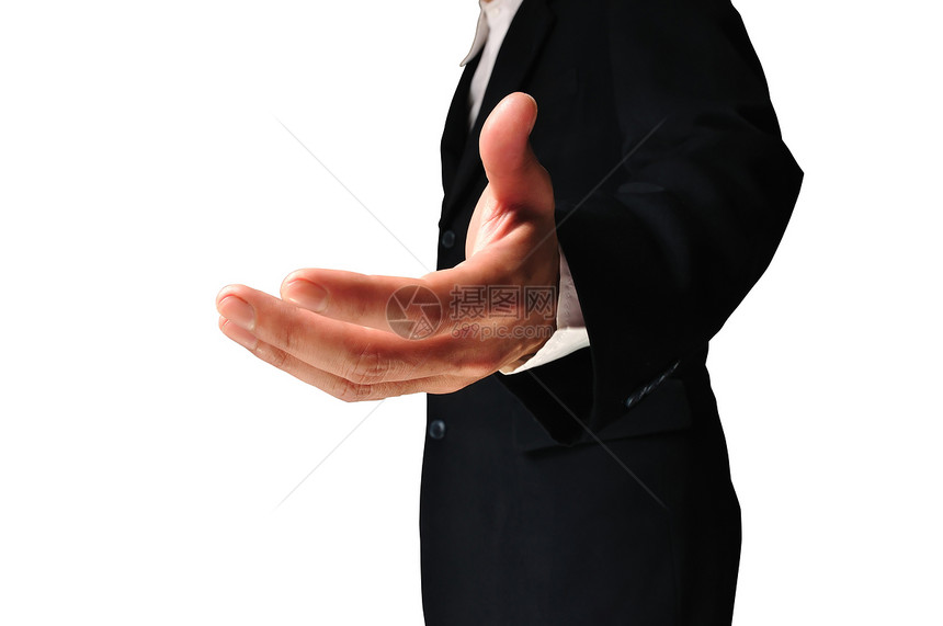 一个商务人士 手持开放的手 准备达成交易公司欢迎领带雇用头脑手势男性套装男人问候语图片