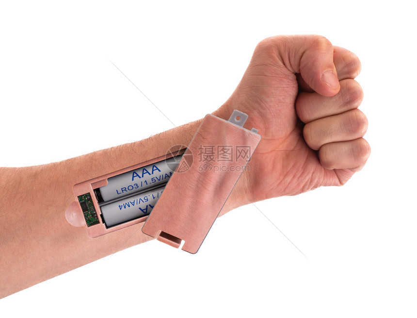 机器人  将电池插入手臂男人直流电工人手指棕榈解剖学电子产品充值电脑身份图片