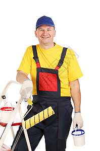 总而言之 微笑的男人交易男性活动手提箱电工建筑物蓝色木匠修理领班背景