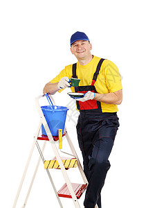 上梯子的工人加茶杯蓝色管道橙子服务工作咖啡工具劳动身体建造背景图片