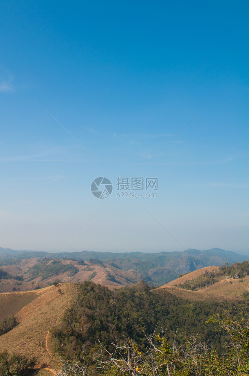 山地和蓝天空绿色水平晴天阳光环境顶峰蓝色背景森林季节图片