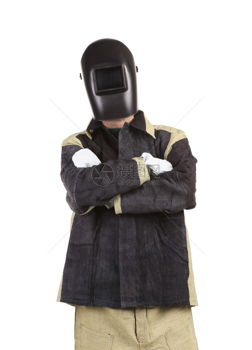 戴头盔和制服的焊接工活动技术员领班男性职业白色建筑物套装黑色手提箱图片