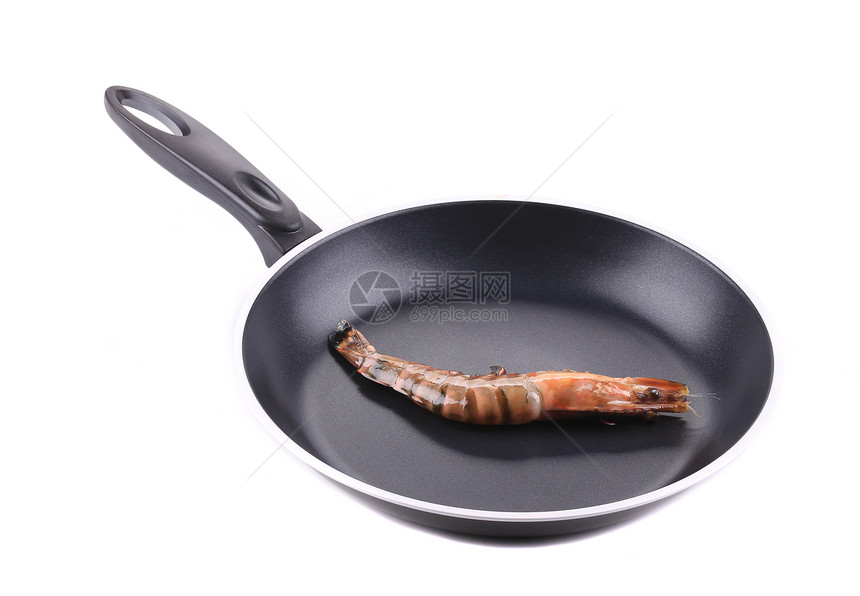 烤锅上的生虎虾平底锅午餐营养海鲜动物白色油炸饮食养殖粉色图片