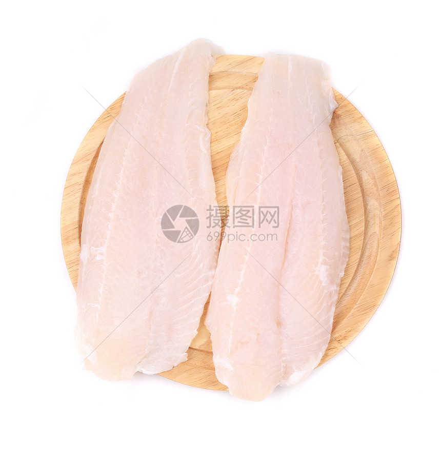 板上装满了泛加西乌斯的填料圆形鲶鱼煤炭熟食产品盘子美食淡水鱼片食物图片