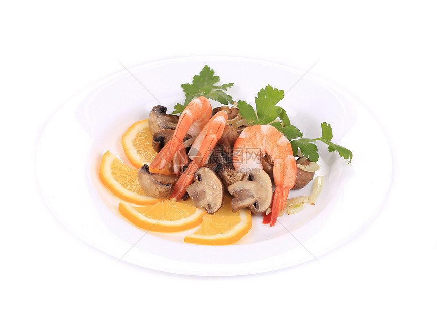 虾沙拉加柠檬和蘑菇圆圈橙子香菜热带阴影煮沸食物美食水果贝类图片