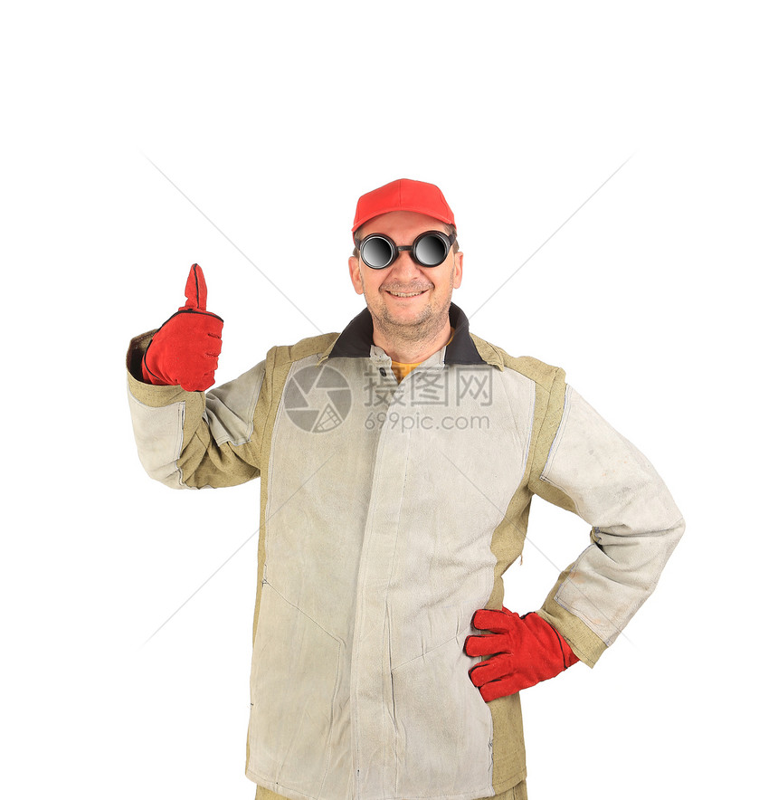 红帽子的焊接手举起大拇指图片