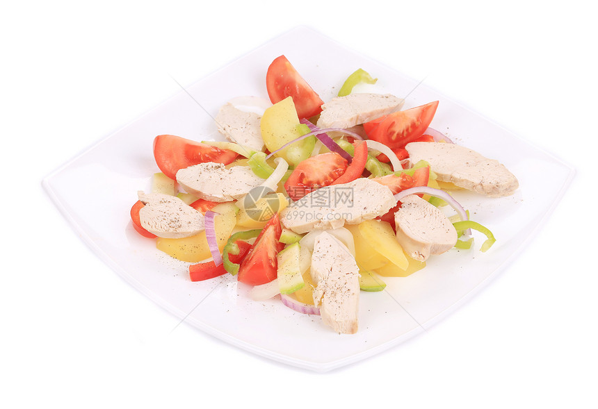 鸡肉沙拉加土豆胸部饮食白色辣椒红色盘子家禽休息食物绿色图片