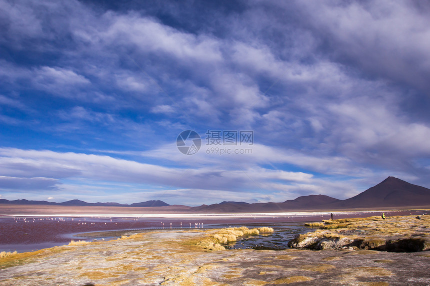 蓝色天空和白云之上的沙漠和山丘 玻利维亚阿尔提平洛高度火山地区植物地形顶峰旅行高原荒野公园图片