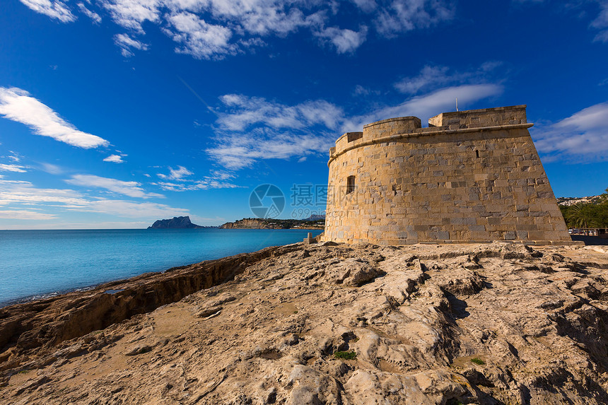 地中海阿利坎特Teulada海滩莫拉伊拉城堡建筑学高地建筑海洋岩石古董蓝色海岸线景点石头图片