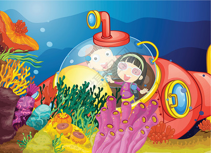 小潜艇儿童用水海藻气泡深海珊瑚海滩卡通片动物群风镜蓝色女孩插画