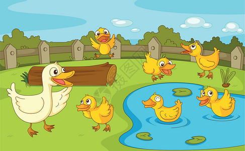 鸭子在 pon蕨类池塘栖息地环境孩子们乐趣软垫后代场景栅栏插画