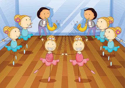 音乐舞蹈室跳舞的孩子吹笛者乐器男性音乐球舞团体女孩房间孩子们女士插画