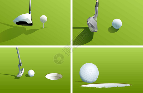 高尔夫广告高尔夫系列罢工绿色司机削片阴影球座木头插图球道芯片插画