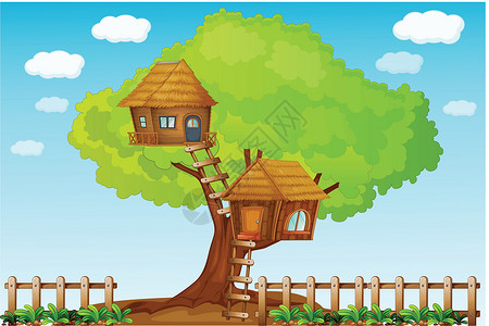 天气小屋树树棚卡通片天气孩子们竹子木头房子建筑天空小房间小屋插画